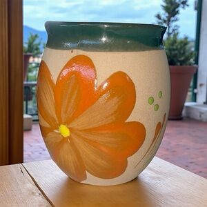 Mexican Sand Clay Hand-Painted Flower Vase Orange & Green Floral Design